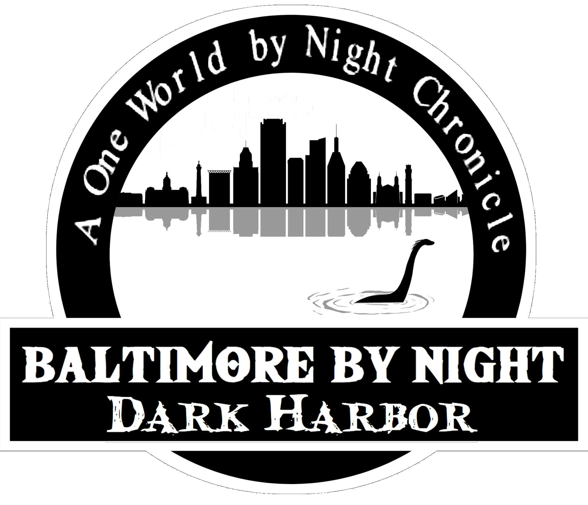 Baltimore by Night: Dark Harbor Logo, a stylized Baltimore city skyline seen from the harbor with Chessie swimming in the harbor. Baltimore by Night: Dark Harbor Logo, a stylized Baltimore city skyline seen from the harbor with Chessie swimming in the harbor.